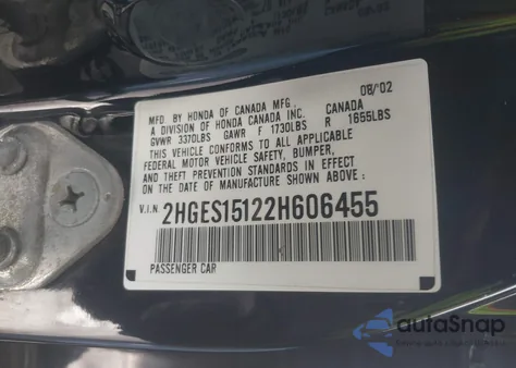 2002 Honda Civic Dx from USA, damaged, VIN 2HGES15122H606455